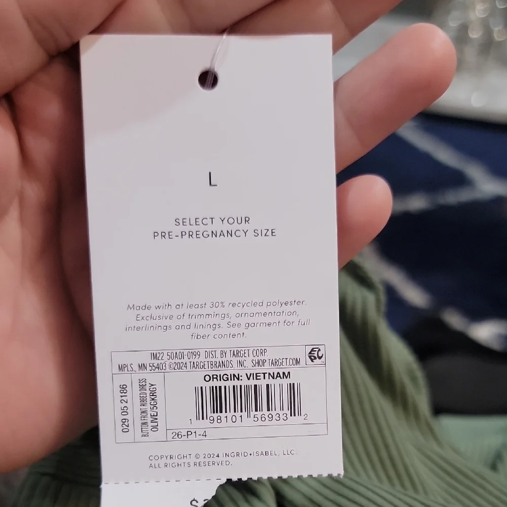 NEW Ingrid & Isabel Soft Green Ribbed Button-Up Long Sleeve Maternity  Dress (L) - Picture 5 of 6